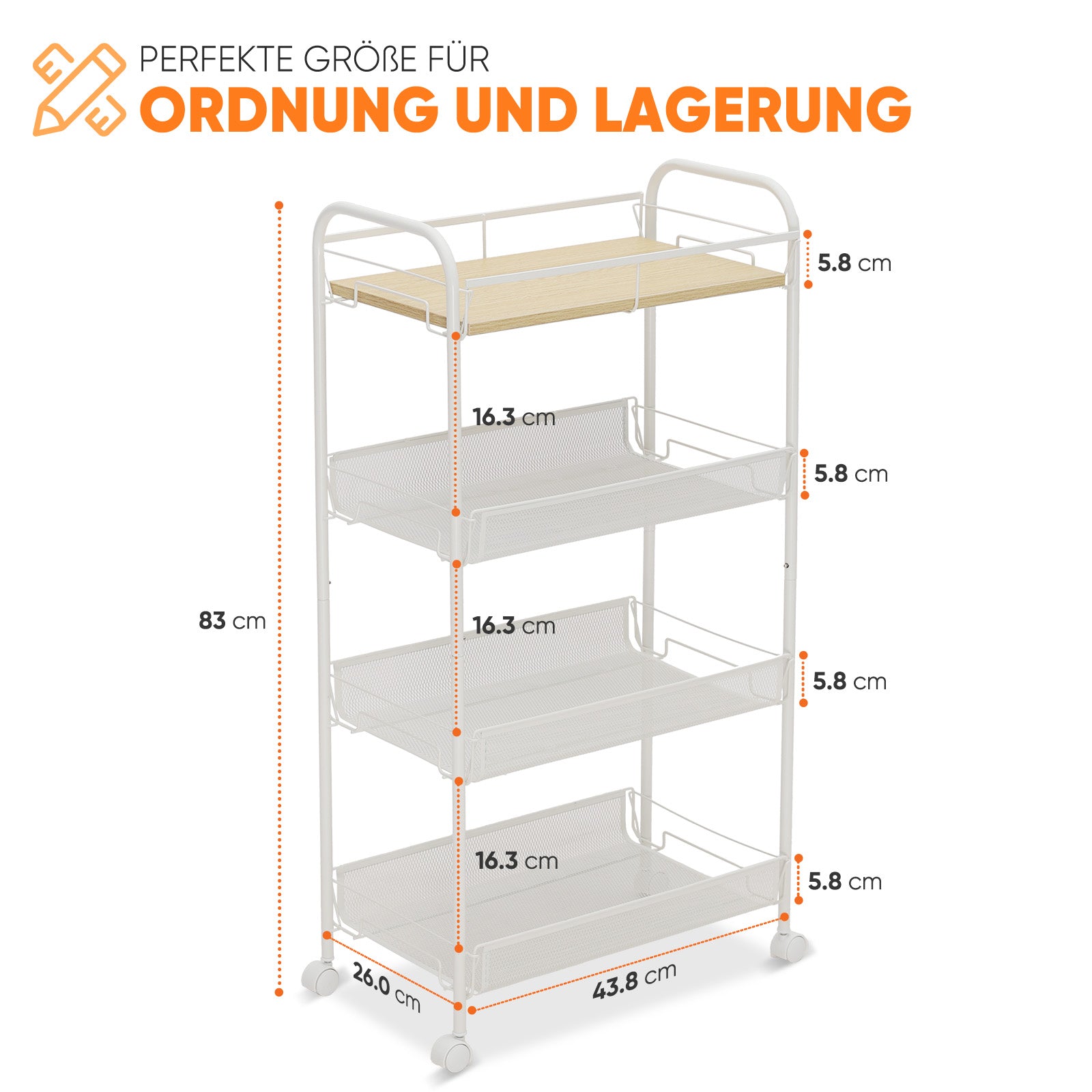 Sekey Rollwagen mit 4 Ebenen – Küchenwagen & Nischenregal mit MDF-Platte, Stahlrahmen, 360°-Rollen & Griff – Schmaler Servierwagen für Küche, Bad & Büro – Weiß
