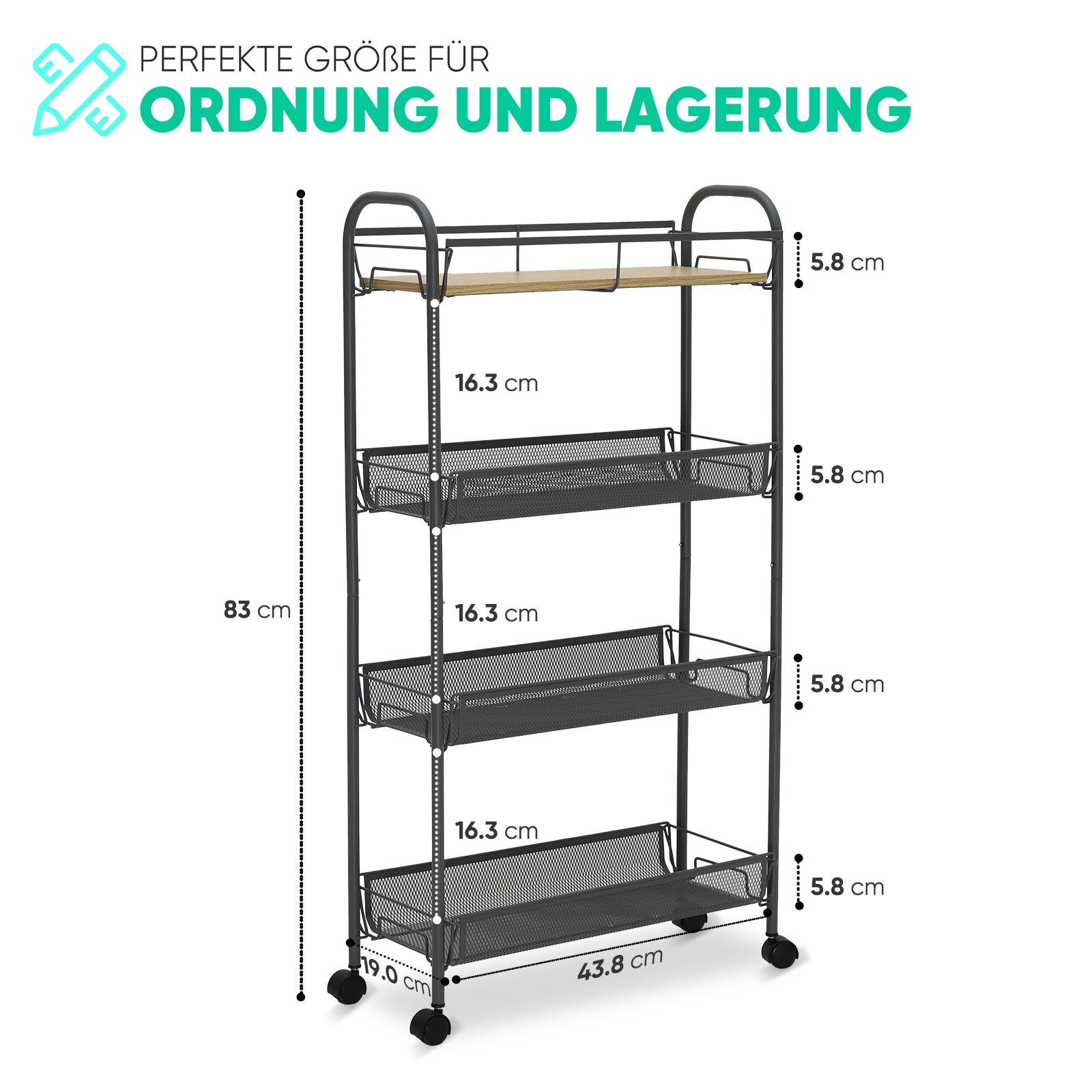 Sekey Rollwagen mit 4 Ebenen – Küchenwagen & Nischenregal auf Rollen, Stahl mit rostfester Lackierung & MDF-Oberplatte, 360°-Räder mit Griff, werkzeugloser Aufbau, platzsparender Aufbewahrungswagen für Küche, Bad & kleine Räume – Dunkelgrau