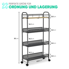 Sekey Rollwagen mit 4 Ebenen – Küchenwagen & Nischenregal auf Rollen, Stahl mit rostfester Lackierung & MDF-Oberplatte, 360°-Räder mit Griff, werkzeugloser Aufbau, platzsparender Aufbewahrungswagen für Küche, Bad & kleine Räume – Dunkelgrau Sekey