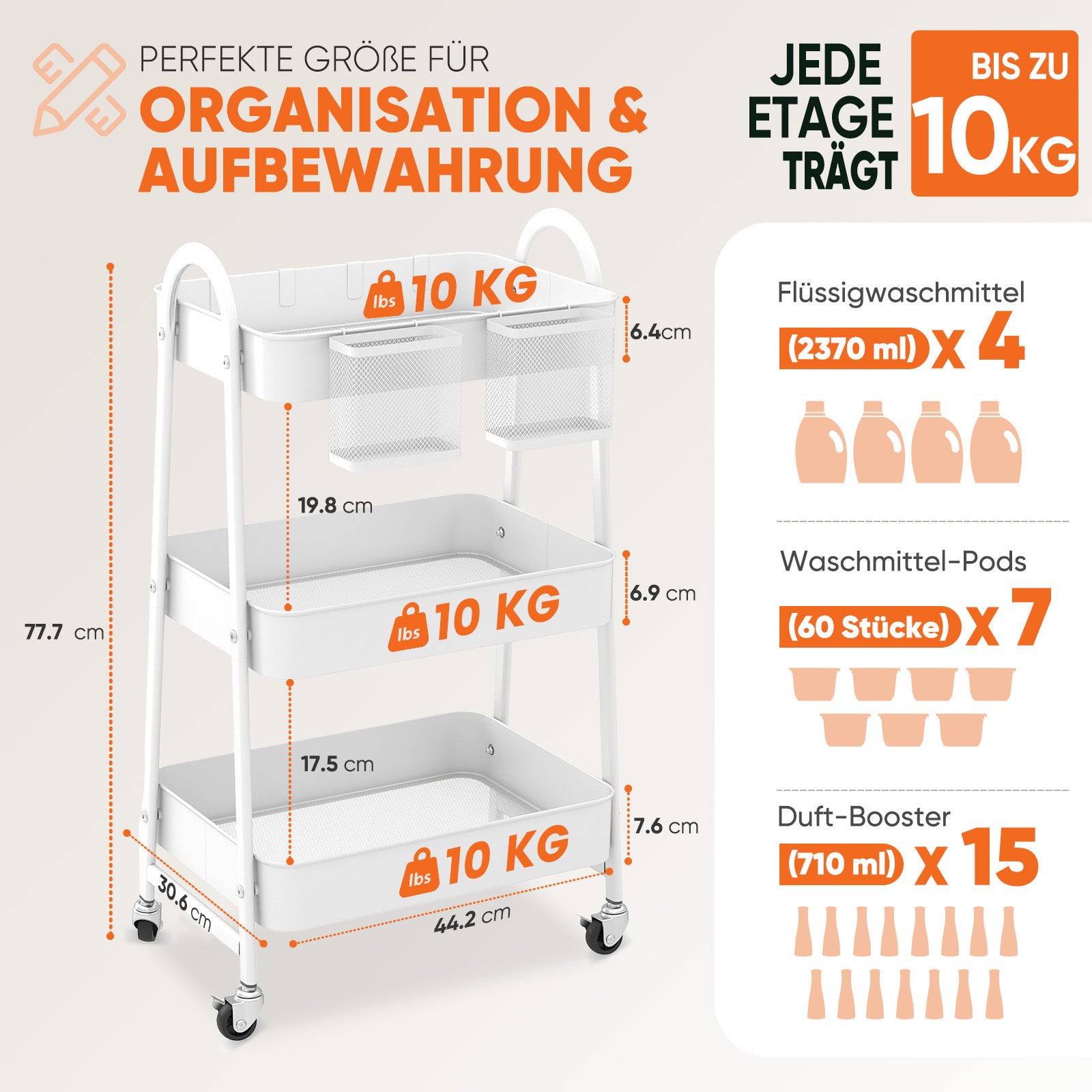 Sekey Rollwagen mit 3 Ebenen – Küchenwagen aus Stahl mit rostfester Lackierung, 2 Hängekörben & 4 Haken, 360°-Rollen mit Bremse, ergonomischem Griff, bis 30 kg belastbar, vielseitiger Servierwagen für Küche, Bad, Büro & mehr – Weiß