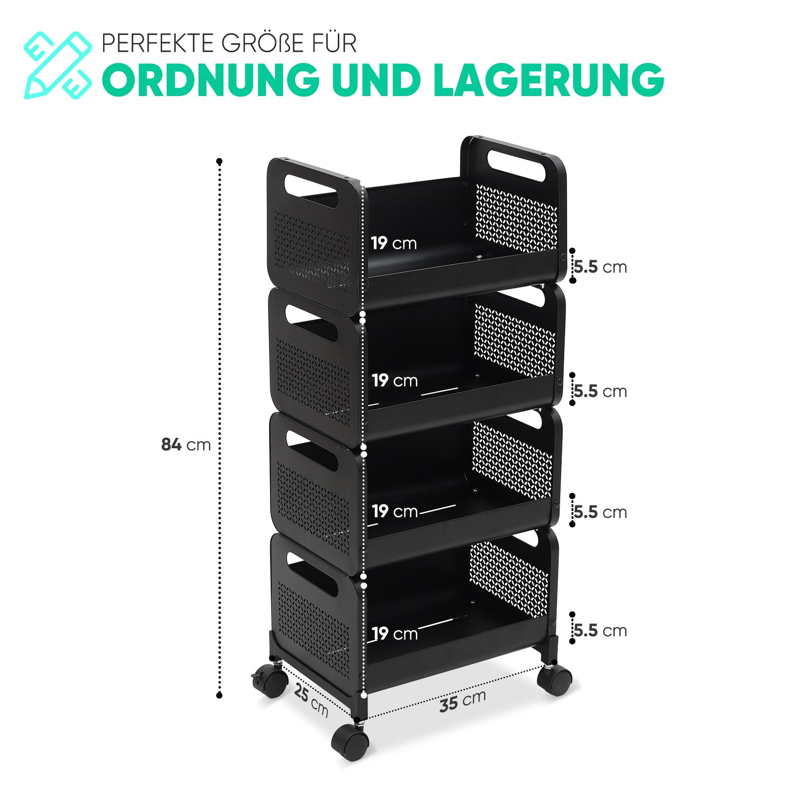 Sekey Rollwagen 4 Ebenen – Küchenwagen & Nischenregal aus Stahl, rostfest, 360°-Rollen & Griffe, bis 40 kg belastbar, Servierwagen für Küche, Bad, Wohnzimmer & Arbeitszimmer – Schwarz