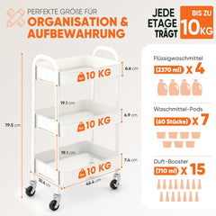 Sekey Rollwagen mit 3 Ebenen – Küchenwagen aus Stahl mit rostfester Lackierung, 360°-Gummirädern & Bremse, werkzeugloser Aufbau, vielseitiger Servierwagen für Küche, Bad, Büro & mehr – Weiß Sekey