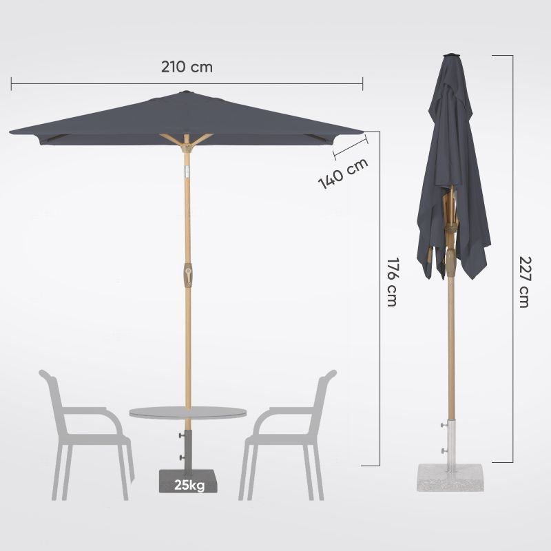 Sekey 210 x 140 cm aluminum parasol with crank, sun protection UV50+, made of wood-metal