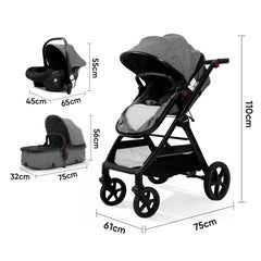 Sekey BW600 3-in-1 Kombi-Kinderwagen – Reisesystem mit Babyschale, Liegewanne & Buggy, Moskitonetz, Regenschutz, Federung, 5-Punkt-Gurt, All-Wetter Travel System 0–4 Jahre
