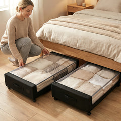 Sekey Unterbett-Aufbewahrungsbox mit Rollen – 78 × 44 × 14 cm, Metallrahmen & PVC-Fenster für Kleidung & Bettwäsche