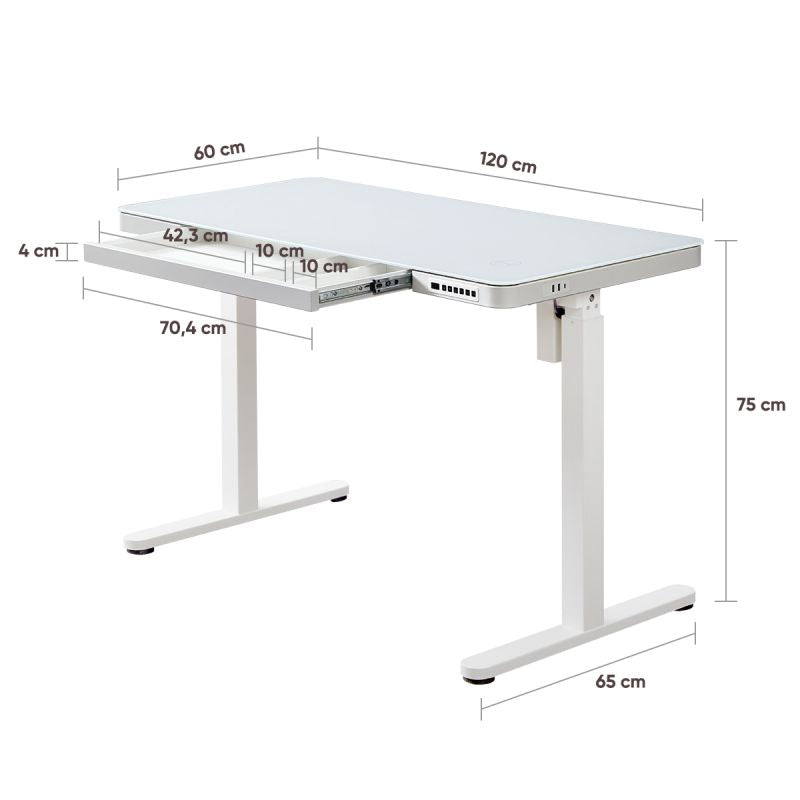 KOWO 120 cm Glass Electric Height Adjustable Desk with Drawers and Wireless Charging, Mobilo