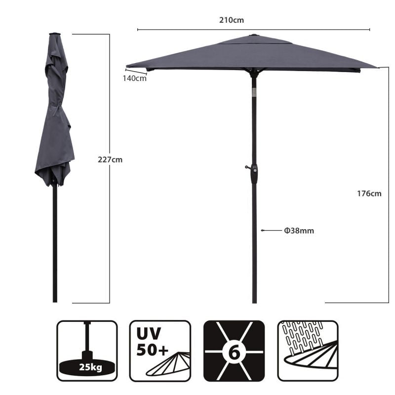 Sekey 210 x 140 cm aluminum parasol with crank, sun protection UV50+