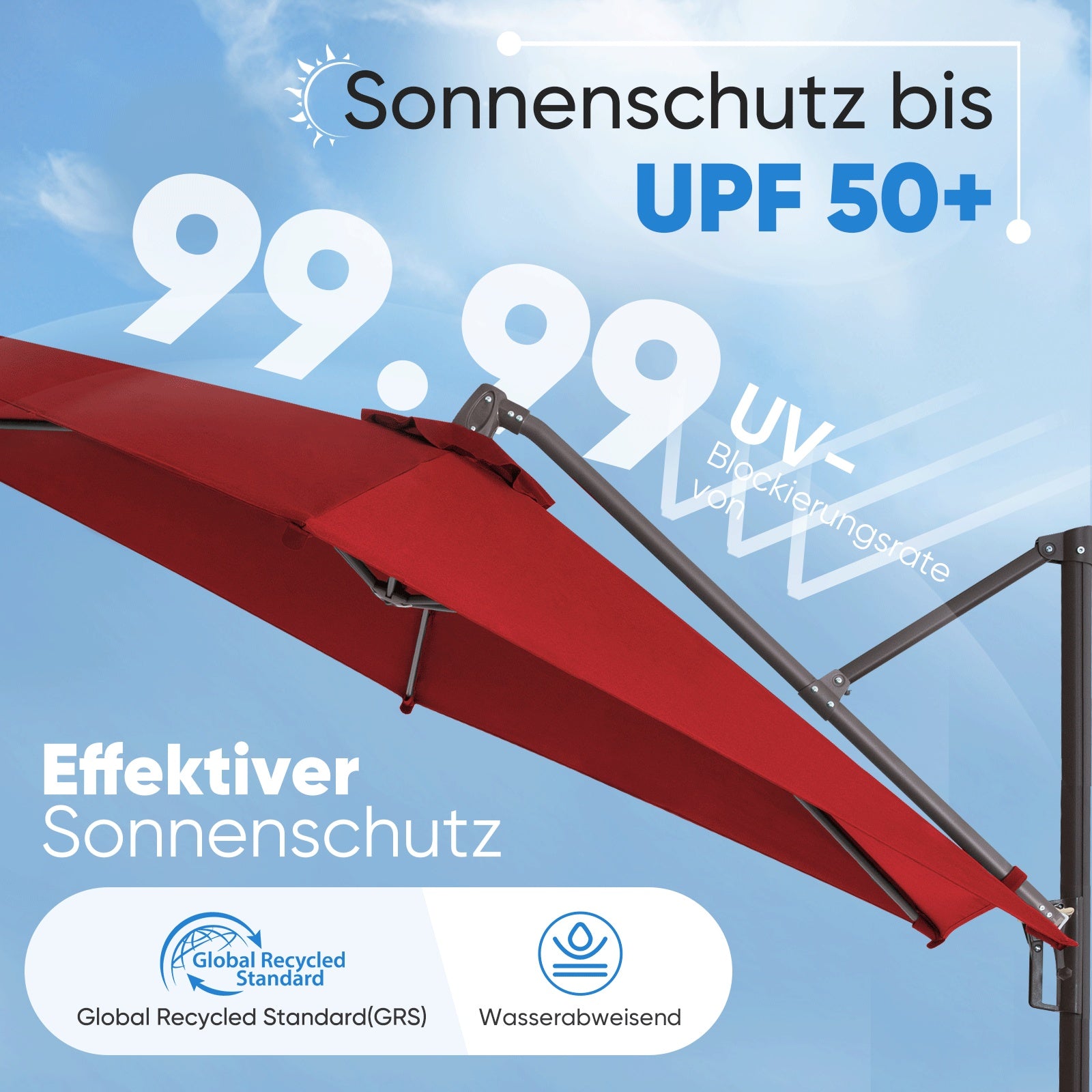 Sekey Ampelschirm 300 cm – Aluminium Sonnenschirm mit 360° Drehung, Neigefunktion, UV50+ Schutz