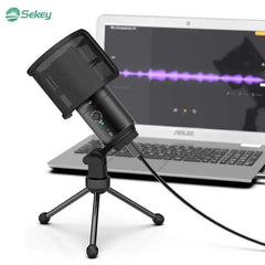 Fifine K683A USB Kondensator Mikrofon mit Ständer, Popfilter, Stummschalttaste und Kopfhörerbuchse Sekey