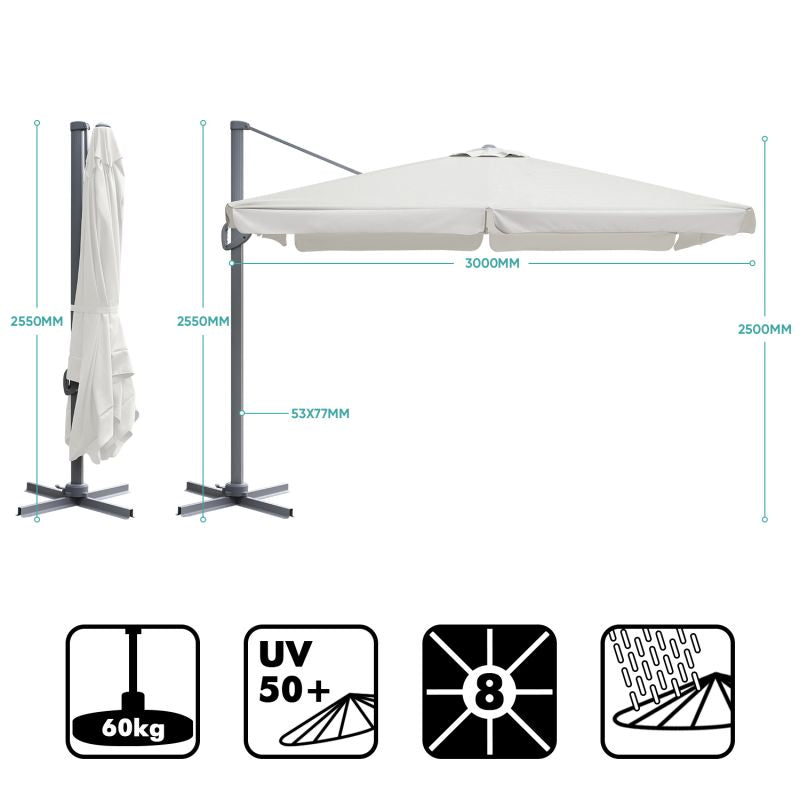 Sekey 300 cm x 300 cm cantilever parasol, sun protection UV50+