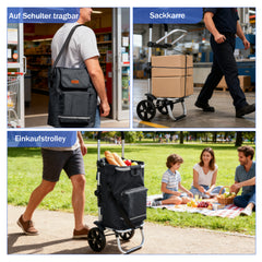 Sekey Faltbarer Einkaufstrolley 3-in-1 – Leichter Aluminium-Trolley 60 kg Tragkraft, Höhenverstellbarer Griff, Automatische Faltfunktion, Inklusive Kühlfach & Getränkefach, Ideal für Einkäufe & Camping