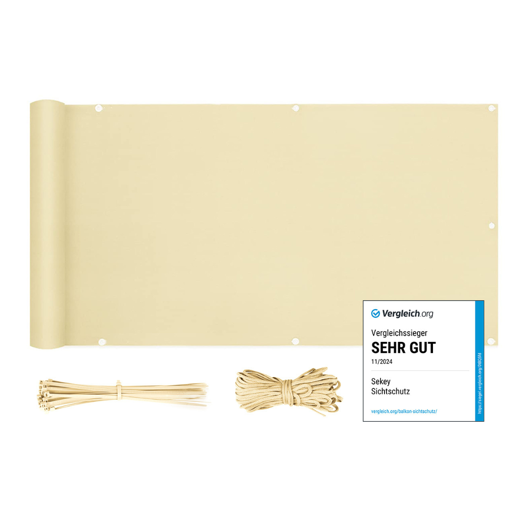 Sekey Balkon Sichtschutz Beige – Balkonabdeckung blickdicht, Wind- & UV-Schutz, 100% Privatsphäre mit Ösen, Nylon-Kabelbinder & Kordel