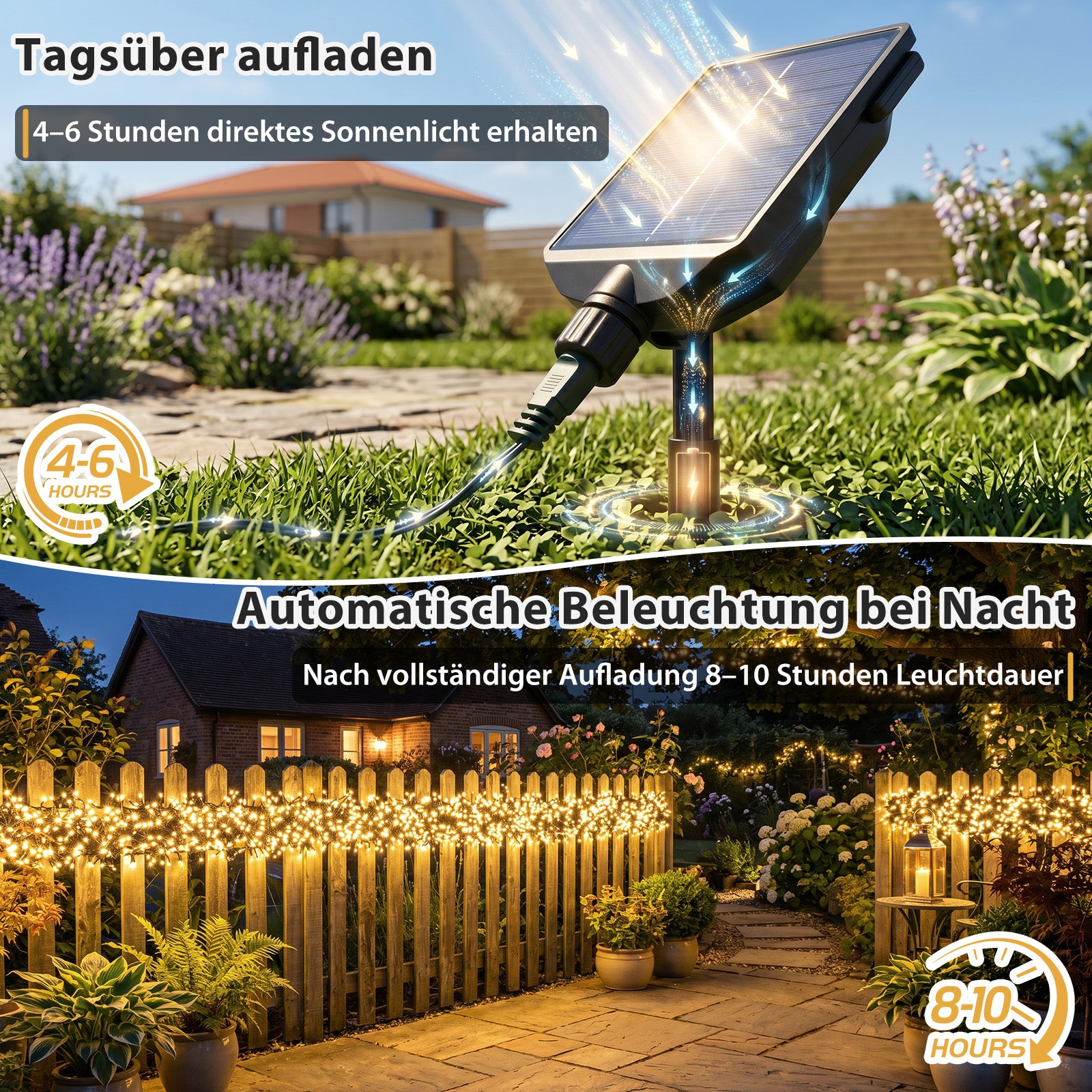 Solar Lichterkette Außen Warmweiß – 20 M / 200 LED, USB-C Aufladbar, Mit Fernbedienung, 8 Modi, IP65 Wasserdicht – Für Garten, Terrasse, Balkon