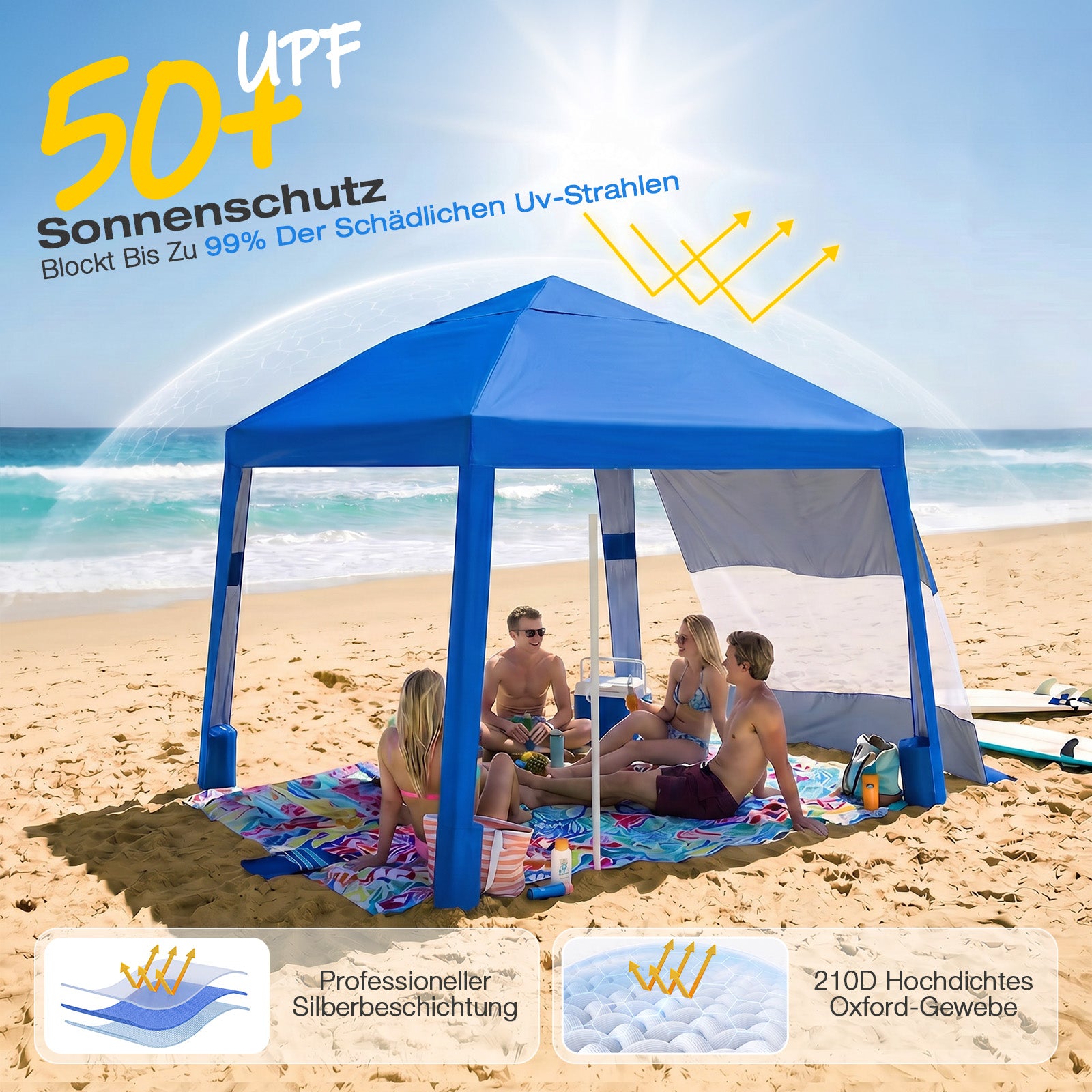 Sekey Strandmuschel Pop Up 240 × 240 cm für 4–6 Personen – Höhenverstellbares Strandzelt mit Seitenvorhang, UV50+ Sonnenschutz, Windfest mit