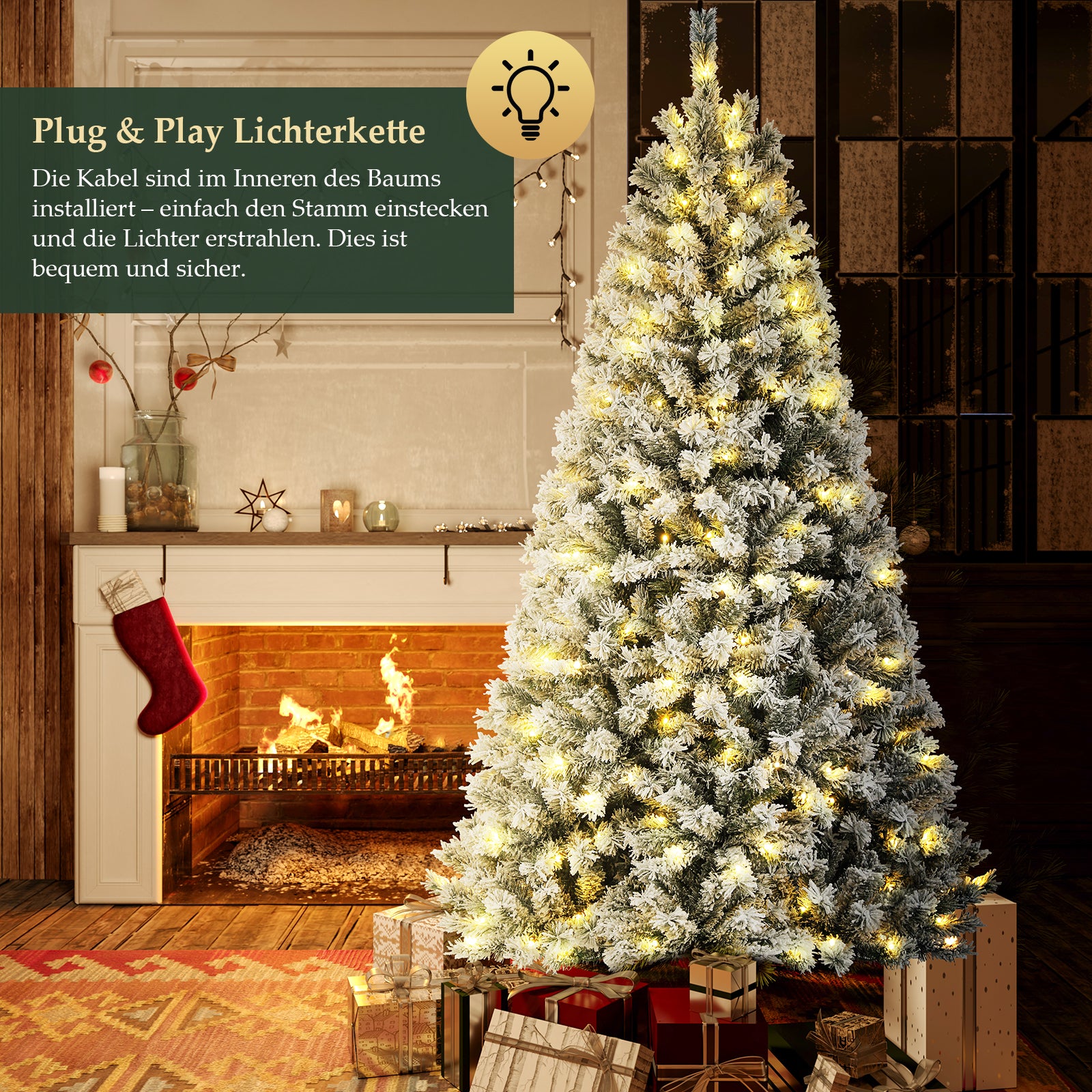 Salcar 180cm Künstlicher Weihnachtsbaum mit Schnee und Licht, mit 250 LED und 828 PVC Spitzen