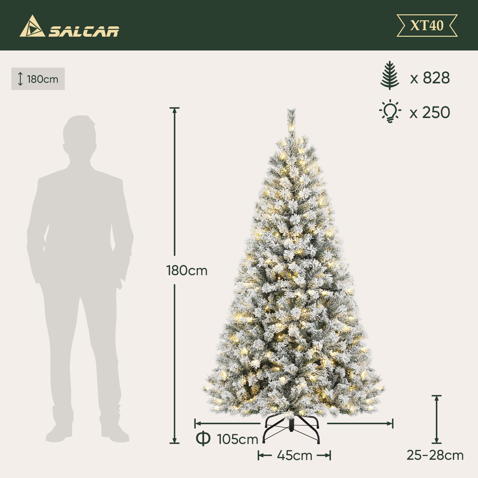 Salcar 180cm Künstlicher Weihnachtsbaum mit Schnee und Licht, mit 250 LED und 828 PVC Spitzen